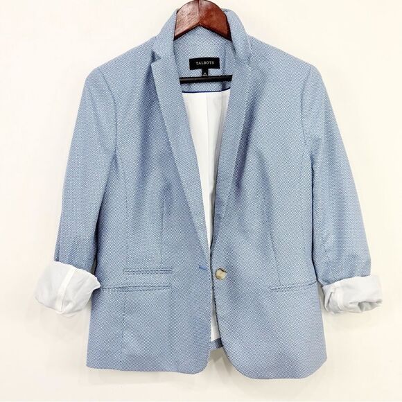 Talbots Blue White Micro Geometric Print 100% Cotton Button Nautical Blazer - Picture 1 of 16